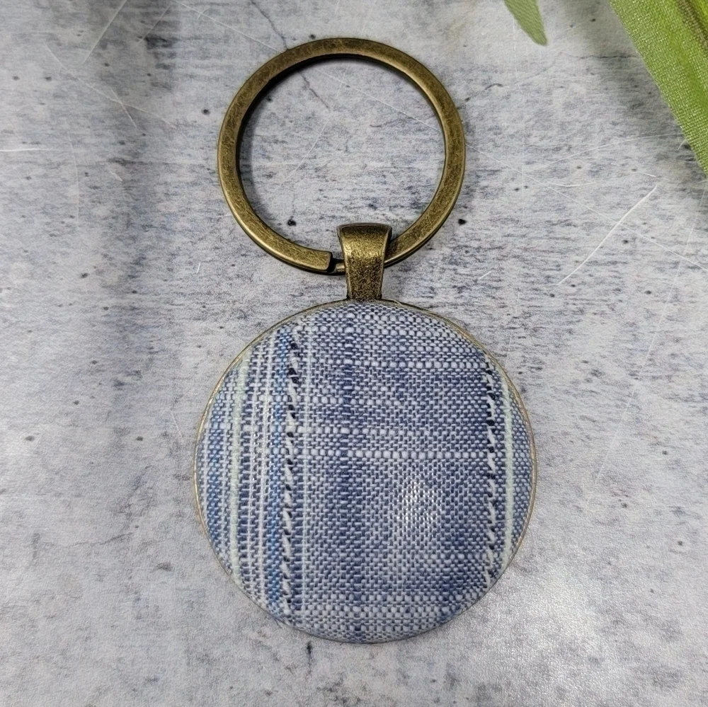 New Handmade | Denim Blue Striped Upcycled Fabric Button Keychain